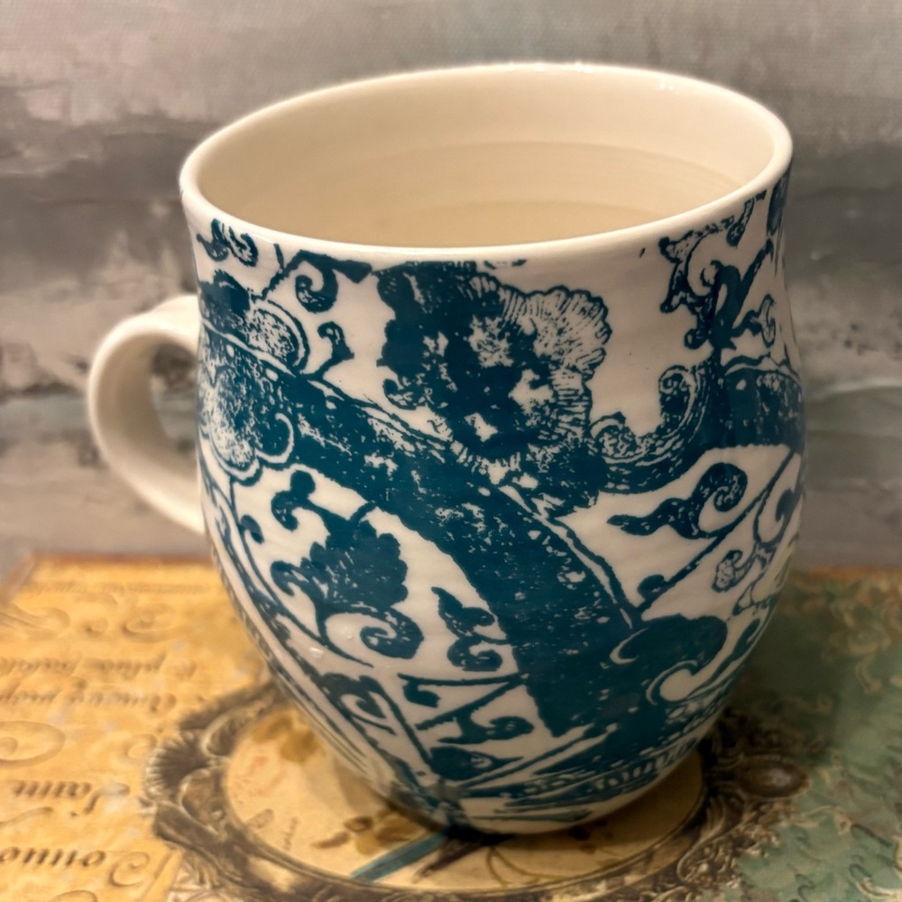 Anthropologie Homegrown Monogram "B" Floral Fish Coffee Mug Cup 14 oz Teal - Picture 2 of 3
